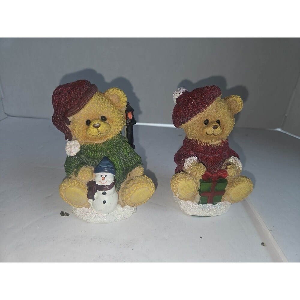 Christmas Resin Teddy Bear Figurine Set of 2, Small Brown Red Green White